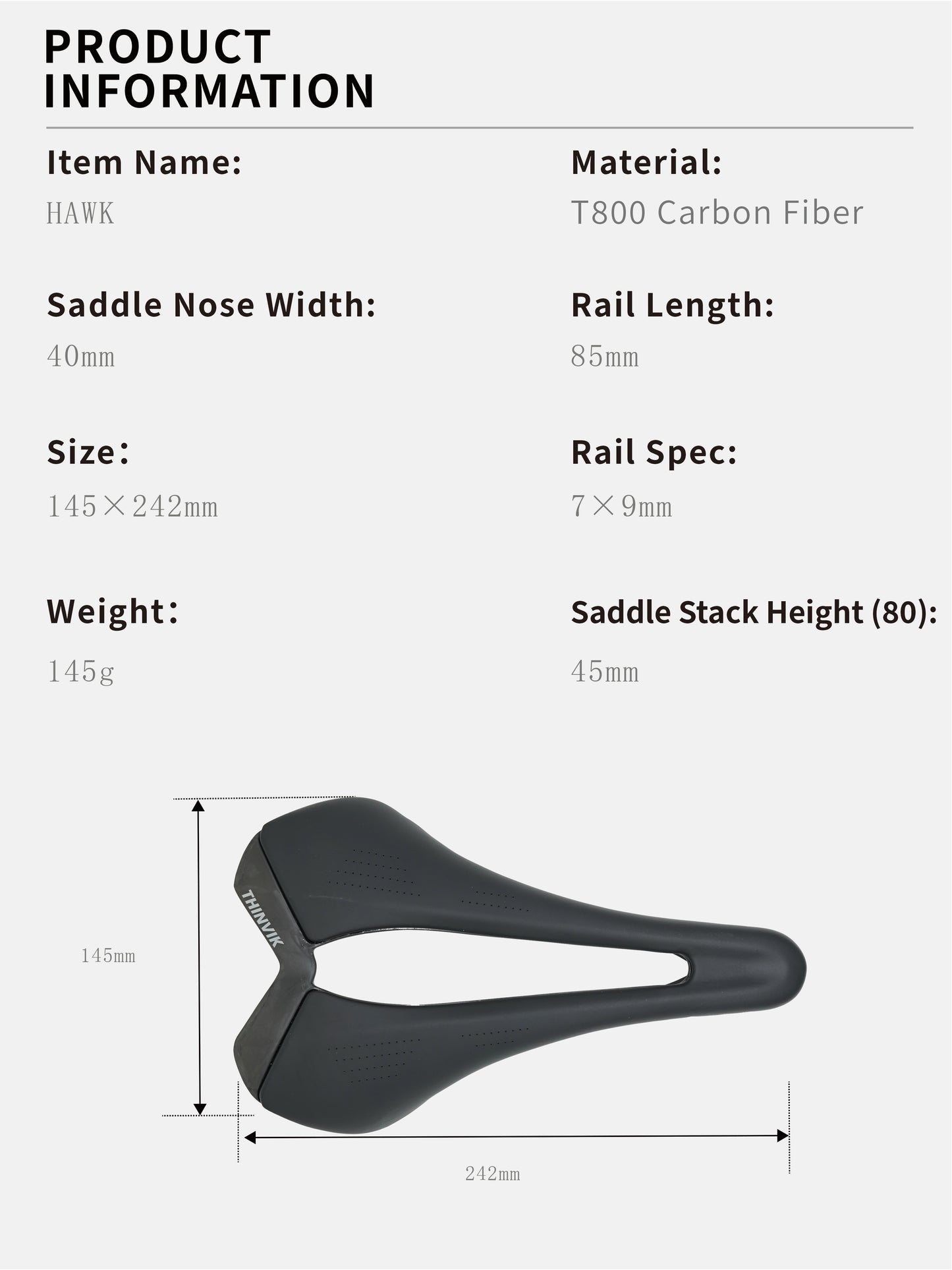 Thinvik Hawk Carbon Fiber Bike Saddle, T800 Full Carbon Base Bicycle Seat with VFP Vacuum Foam Technology,