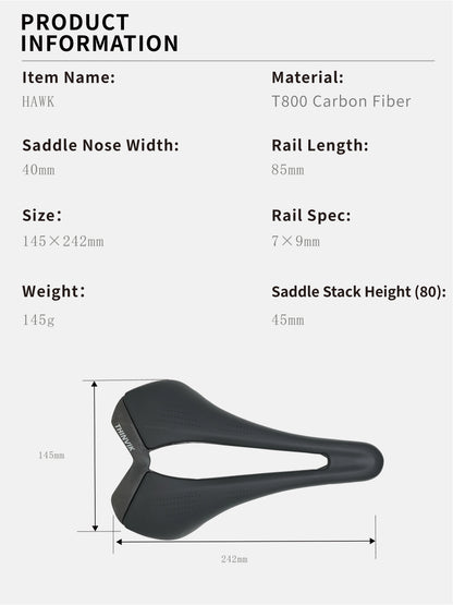 Thinvik Hawk Carbon Fiber Bike Saddle, T800 Full Carbon Base Bicycle Seat with VFP Vacuum Foam Technology,