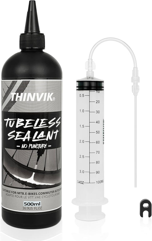 Thinvik Tubeless Bike Tire Sealant No Puncture Hassle and Leak Prevention for Road Bike MTB CX and Gravel Bicycle Tyres Sealant 500ML(16.9oz)+Tubeless Sealant Injector Set/500ML(Single)
